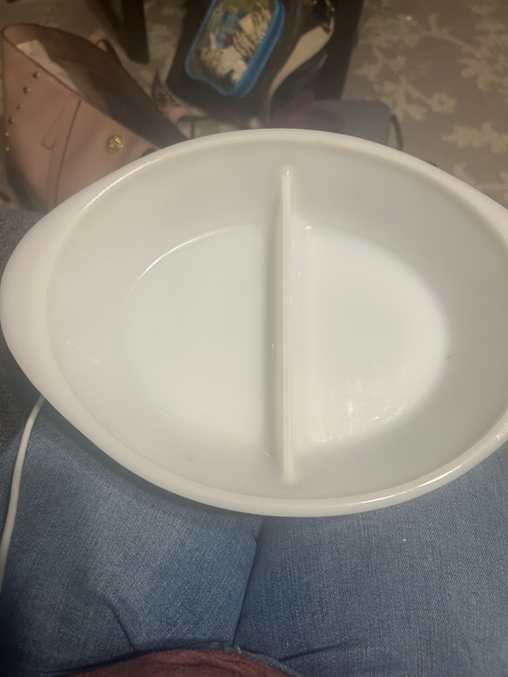 Vintage White milk glass split  serving dish Blue Floral Cornflower